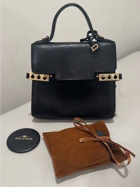 Delvaux Tempête Small chuBlack Leather Top-Handle Satchel with Gold Accents